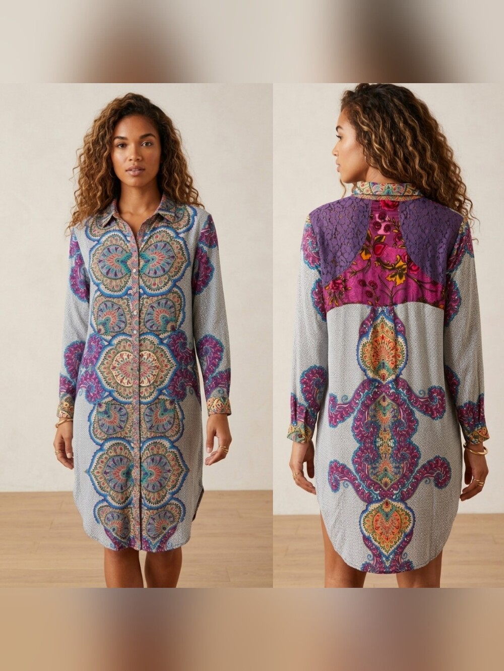 Aratta Silent Journey Mixed Media Paisley Tunic Shirt Dress Boho M/L